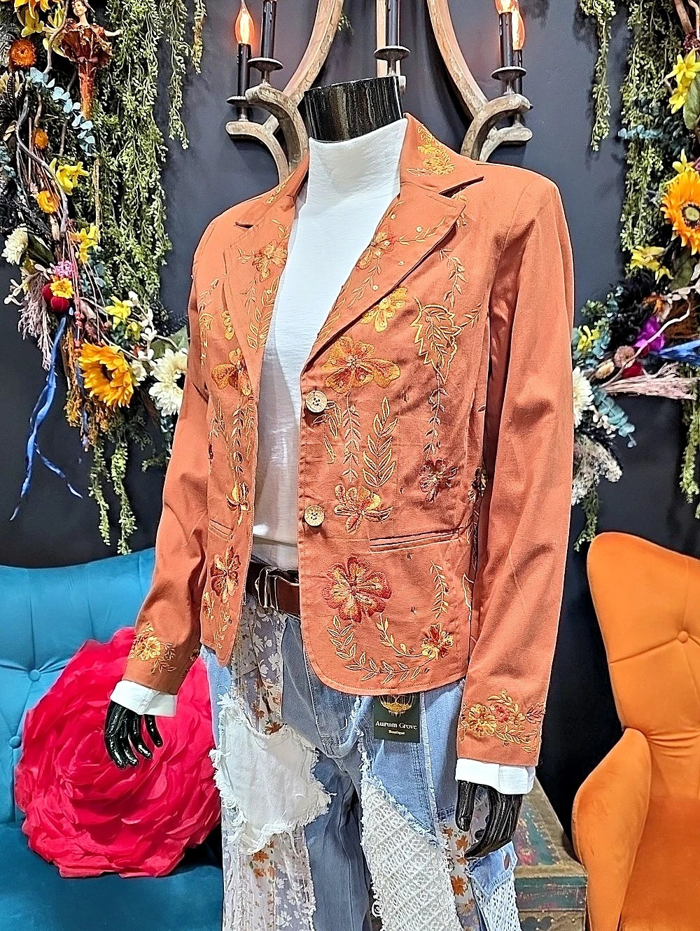 Coldwater Creek Embroidered Floral Blazer in Burnt Orange.